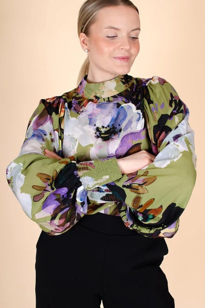 Kaiko  Puff Blouse, Olive Anemone