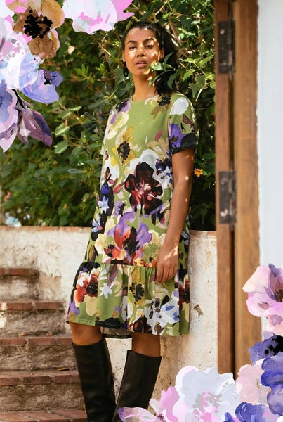 Kaiko  Ruffle T-shirt Dress, Olive Anemone