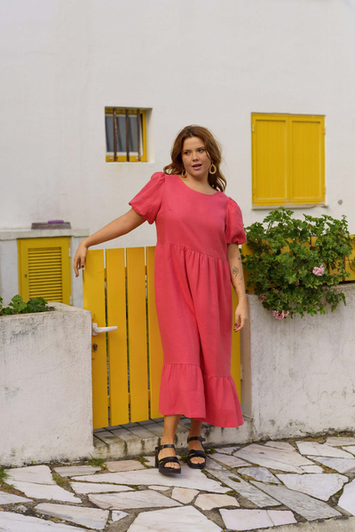 nakoa  Astrid linen Dress, Sunset Coral