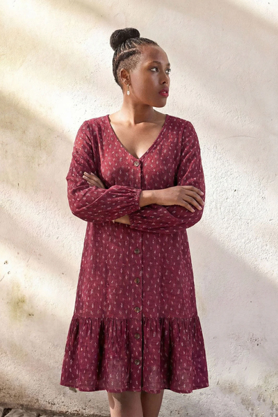 Kaiko  Ruffle Button Dress, Vintage Leaf Burgundy