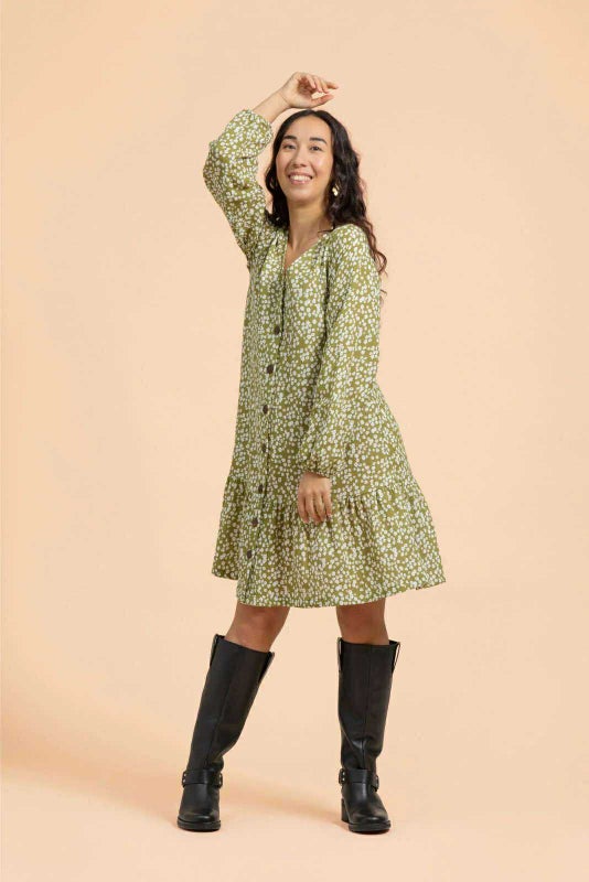 Kaiko Ruffle Button Dress, Flora Olive