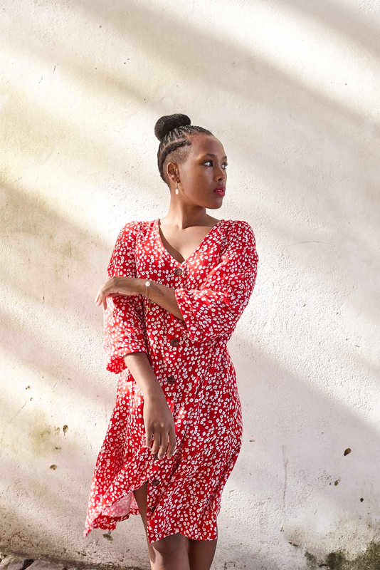 Kaiko  Ruffle Button Dress, Flora Red