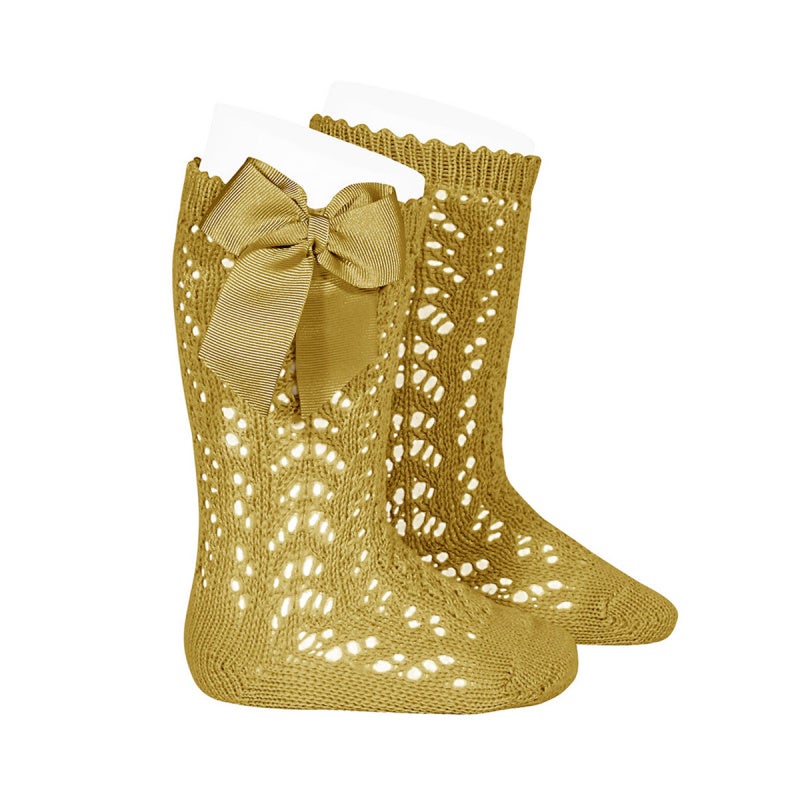 Perle openwork knee high socks with bow MUSTARD